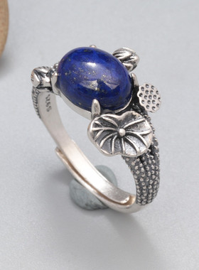 S925纯银荷叶莲蓬青金石戒指女 复古简约民族风户口指环饰品批发
