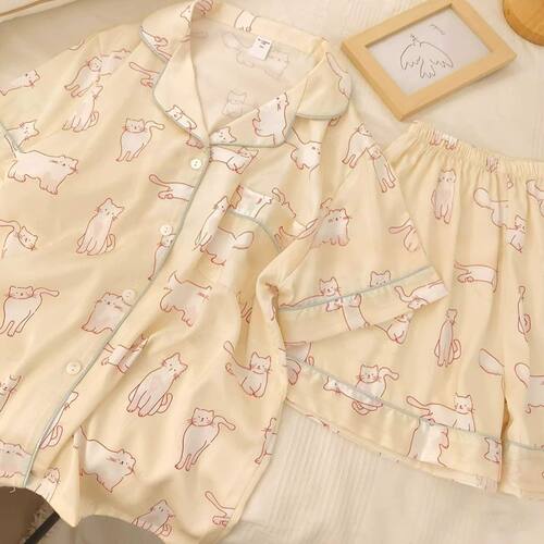 两件套卡通可爱翻领开衫家居服女