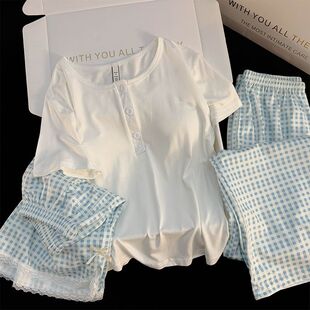 莫代尔三件套春夏季女款格子圆领套头带胸垫家居服舒适裤子带口袋