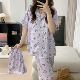 三件套休闲少女家居服 睡衣女春夏秋季 可爱卡通冰雪丝短袖 短裤 长裤
