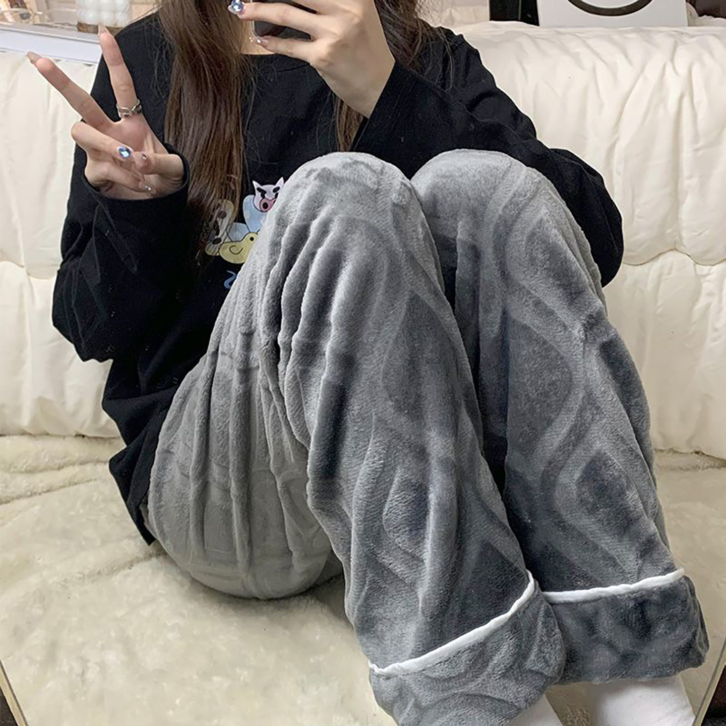 毛绒软糯法兰绒直筒睡裤冬款少女纯色男情侣百搭外穿出门加厚家居