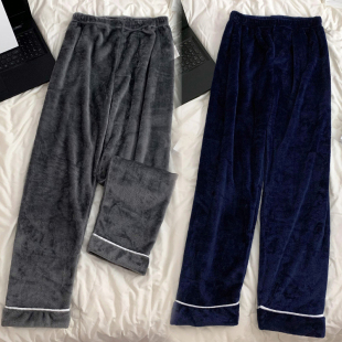 冬季情侣法兰绒纯色睡裤休闲男女春秋青中老年家居长裤子宽松大码