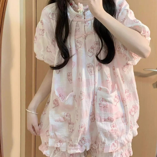短袖 韩版 甜美ins夏季 睡衣女2025新款 云朵兔子口袋薄款 家居服套装