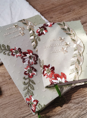 花枝 绿色文艺刺绣蕾丝手帐本 布艺书衣书套A5A6weeks 手账日记本