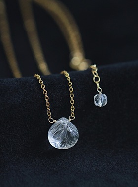 日常简洁好品质天然全净体白水晶双面雕花14K包金锁骨链原创项链