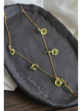 迎春花*天然烟花钻切多边形柠檬晶14K包金锁骨链绿磷灰石水滴项链