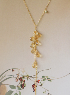 天然黄水晶水滴橄榄色金镶小钻14K包金流苏锁骨链女 浪漫仙女项链