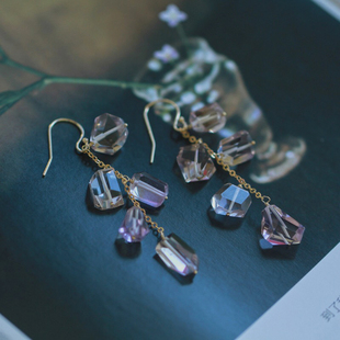 《浮梦华》天然黄紫晶流苏14K包金长耳环 原创静谧感宝石耳夹仙女