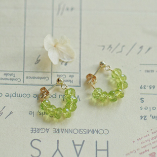 小森林 印度天然橄榄石算盘珠耳环女清新绿色14K包金耳钉 little