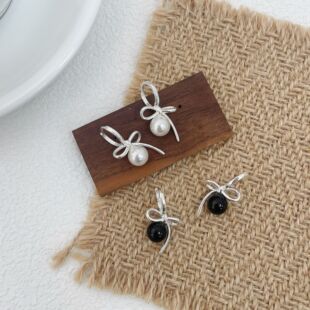 南法假日 韩版甜美S925玛瑙人造仿珍珠蝴蝶结耳扣名媛同款耳饰