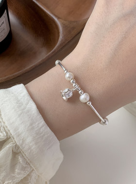 清仓 铃微兰风弯管铃兰花手链女S925纯银淡水珍珠甜美花朵手饰