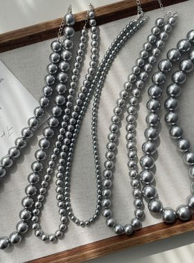 灰色舞会 fever同款正圆施家珍珠项链女仿真多麻灰色串珠锁骨链