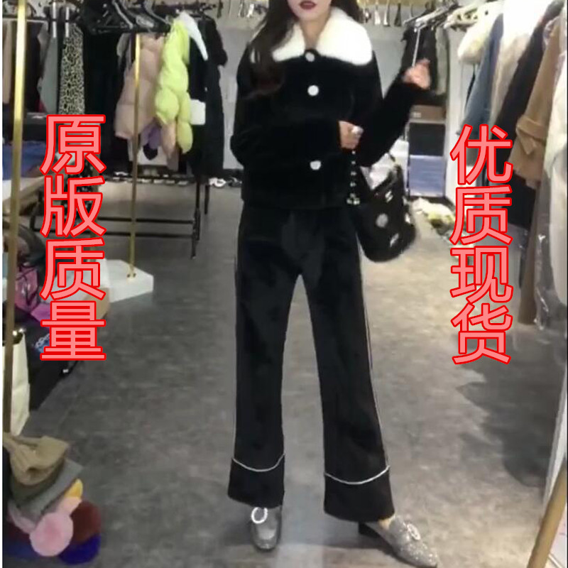 2018冬装新款韩版时尚气质阔腿裤两件套女装加厚水貂毛领丝绒套装