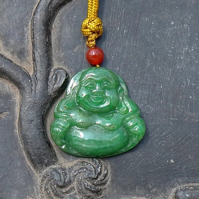 尘=清5049天然缅甸A货老坑正阳绿满绿翡翠佛公吊坠手工雕刻证书