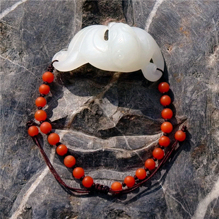 蕊=香1869天然新疆和田玉籽料一级白羊脂玉蝙蝠南红珠手牌手链证