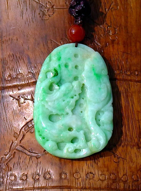 琴=鸣7929天然A货缅甸老坑正阳绿翡翠如意龙牌子吊坠挂件手工雕刻