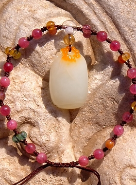 羊脂白玉籽料碧玺珠手链