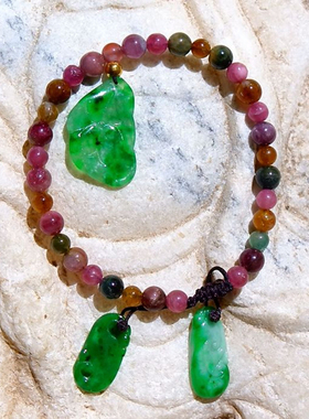 春=衣8076天然A货缅甸老坑正阳绿翡翠如意荷叶龙碧玺珠纯金珠手链