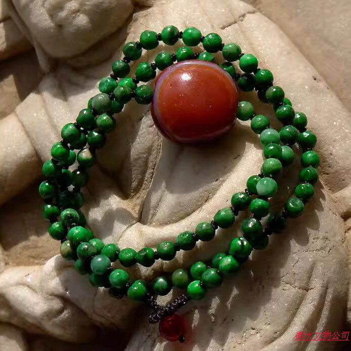锦=色1907天然缅甸A货老坑正阳绿翡翠珠明代老玛瑙项链手链带证书