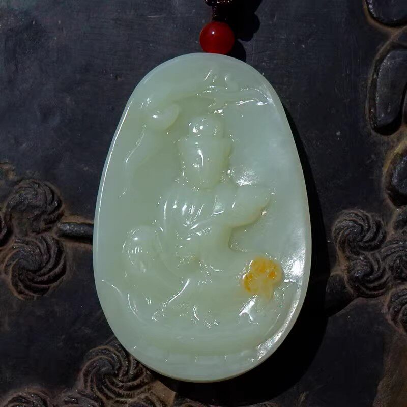 夕=云3649天然新疆和田玉羊脂玉籽料送子观音牌子吊坠挂件带证书