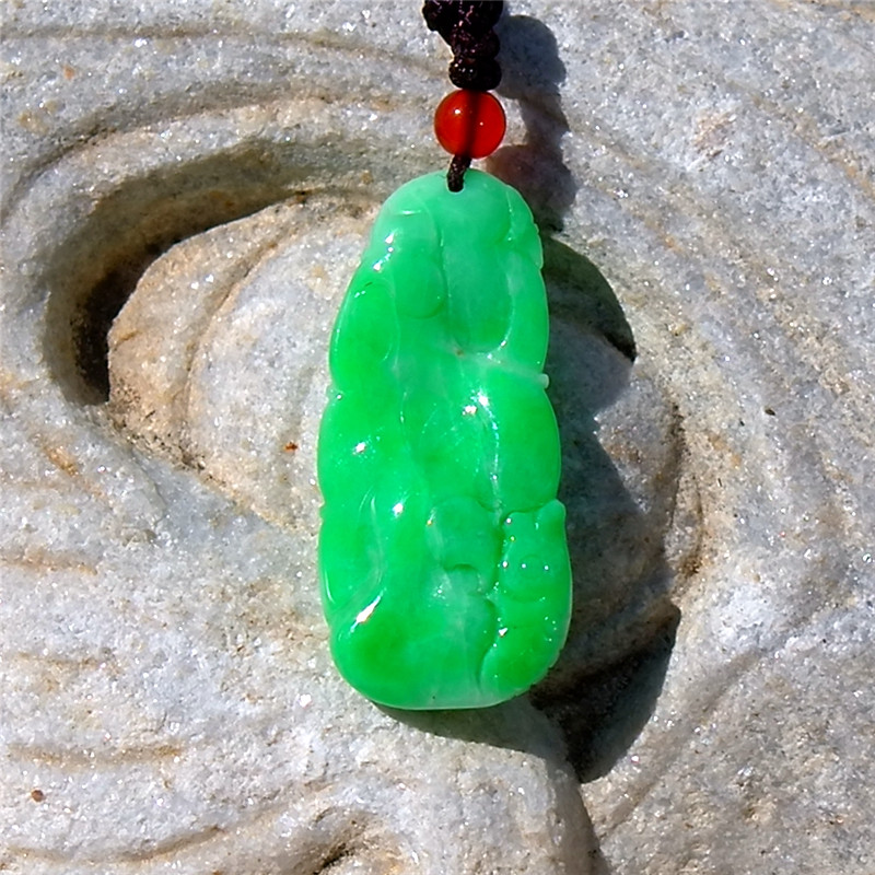 起=舞9136天然A货缅甸老坑正阳绿翡翠荷叶鱼吊坠挂件手工雕刻证书