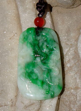 鸿=归6834天然A货缅甸老坑正阳绿翡翠龙牌吊坠手工雕刻带证书复检