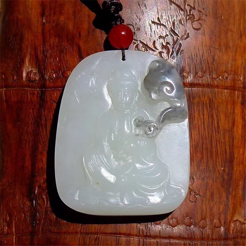 云=暮9333天然新疆和田玉白羊脂玉籽料如意观音牌子吊坠挂件证书