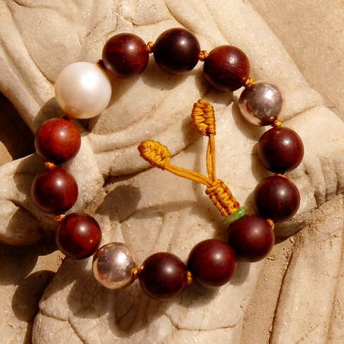 香=痕0566库存天然珍珠缅甸A货翡翠平安扣明清紫檀银珠女士手链