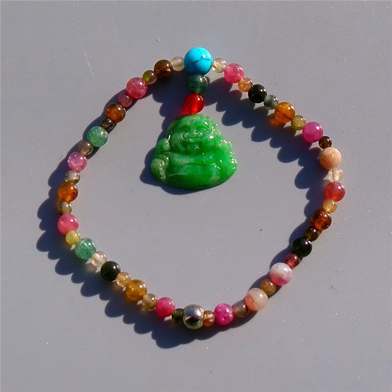 闲=亭2502天然A货缅甸老坑正阳绿翡翠佛公碧玺珠手链手工雕刻证书