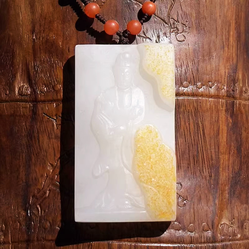 云=尖4565天然新疆和田玉羊脂玉籽料观音牌子吊坠挂件南红珠项链