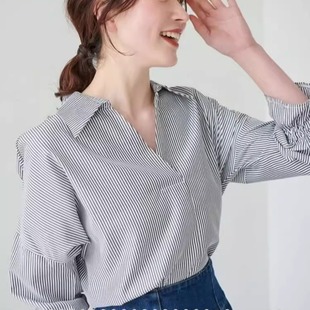 V领宽松套头 包邮 衬衫 限时 中袖 袖 CK4C日单 口抽绳细条纹百搭