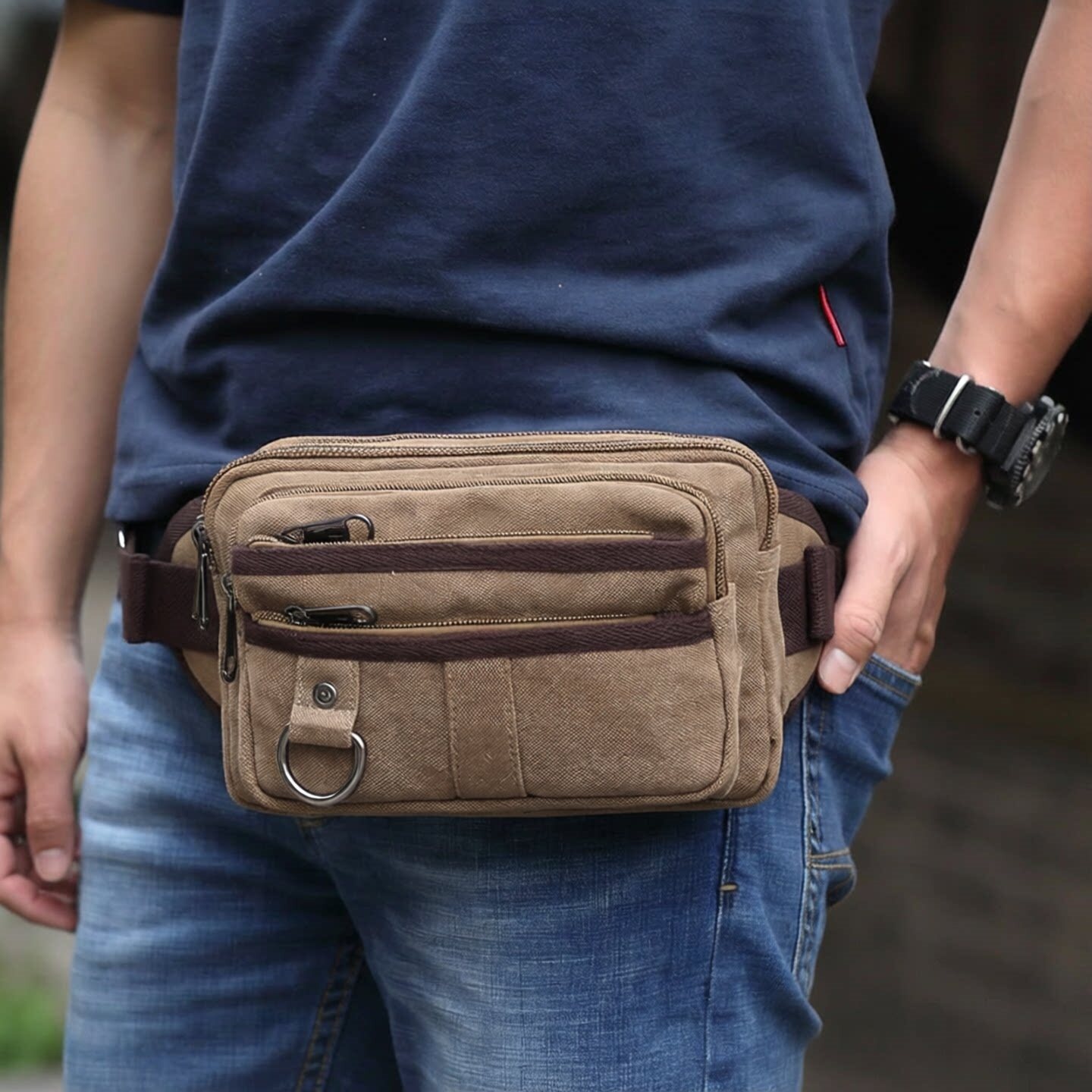 男士腰包男多功能迷彩休闲新款夏帆布斜挎包男款户外运动高端男包