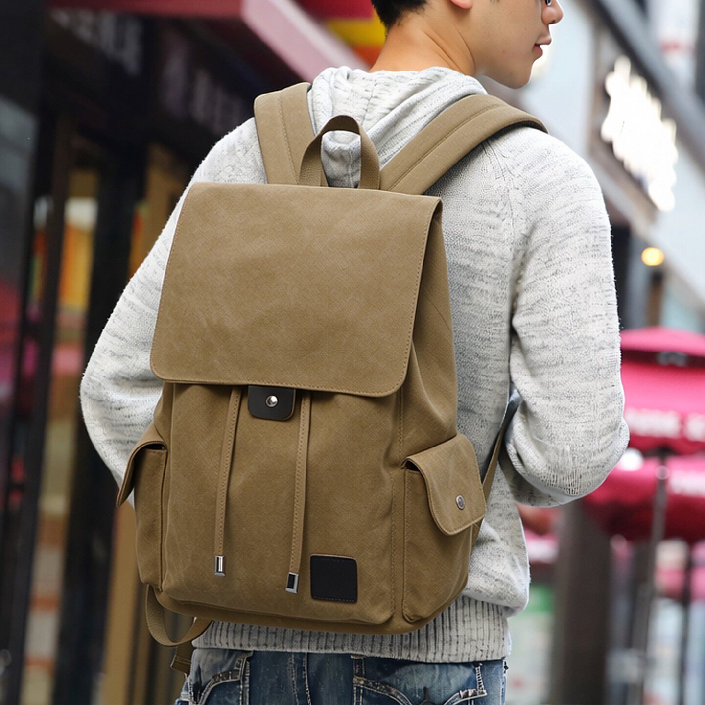 男士双肩包男帆布束口袋抽绳男式包包旅行男款休闲2025年新款背包