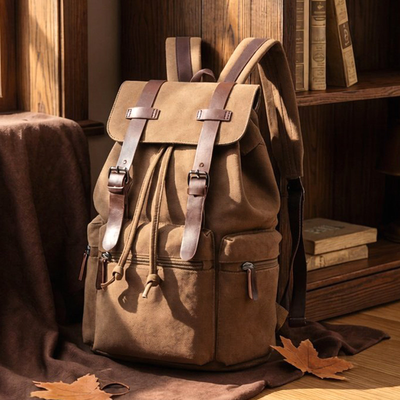 复古帆布背包男外出包男士双肩包男款大容量学生书包休闲旅行男包