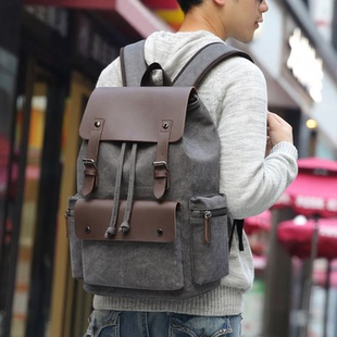 男士双肩包男款休闲帆布包包男式出差电脑包旅行抽绳束口袋背包男