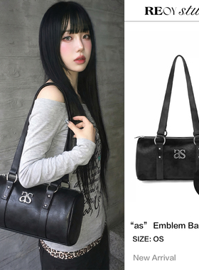 REOY Stu”韩版ason复古绒面黑色圆筒枕头包大容量波士顿手提包