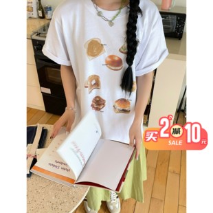 韩版 23年夏季 T恤女 REコンテナ 趣味贝果吐司早餐印花宽松短袖