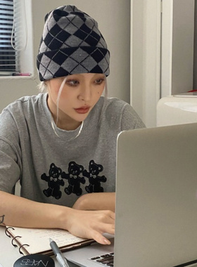 [REコンテナ] 韩版小众品牌3只蓝色小熊logo纯棉百搭短袖bf上衣