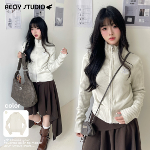 拉链针织开衫 31｜ason韩系简约风as字母刺绣米白色立领修身 NEW