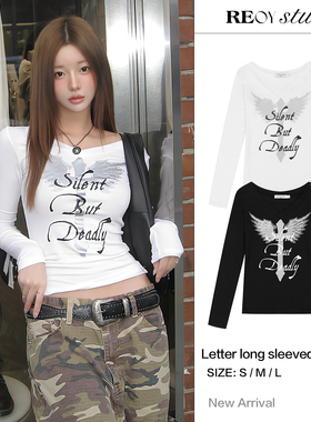 REOY Stu”暗黑轻亚风yb十字架翅膀印花辣妹修身露肩长袖T恤上衣