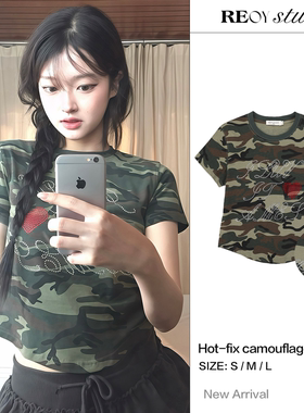 REOY Stu”韩版ian郑伊安同款复古辣妹烫钻字母修身辣妹短袖T恤女