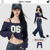 Stu aespa金玟庭同款 06号数字印花大领口露肩短款 REOY 长袖 T恤