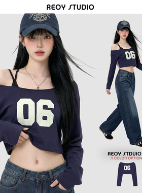 REOY Stu”aespa金玟庭同款06号数字印花大领口露肩短款长袖T恤