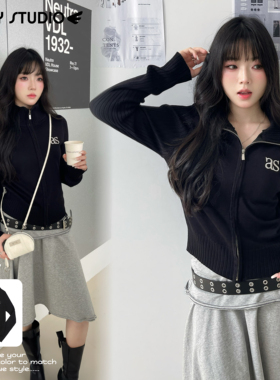 NEW 1/31｜ason韩系简约风as字母刺绣黑色高领修身拉链针织开衫