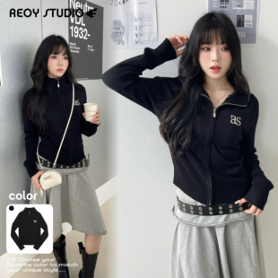 拉链针织开衫 31｜ason韩系简约风as字母刺绣黑色高领修身 NEW