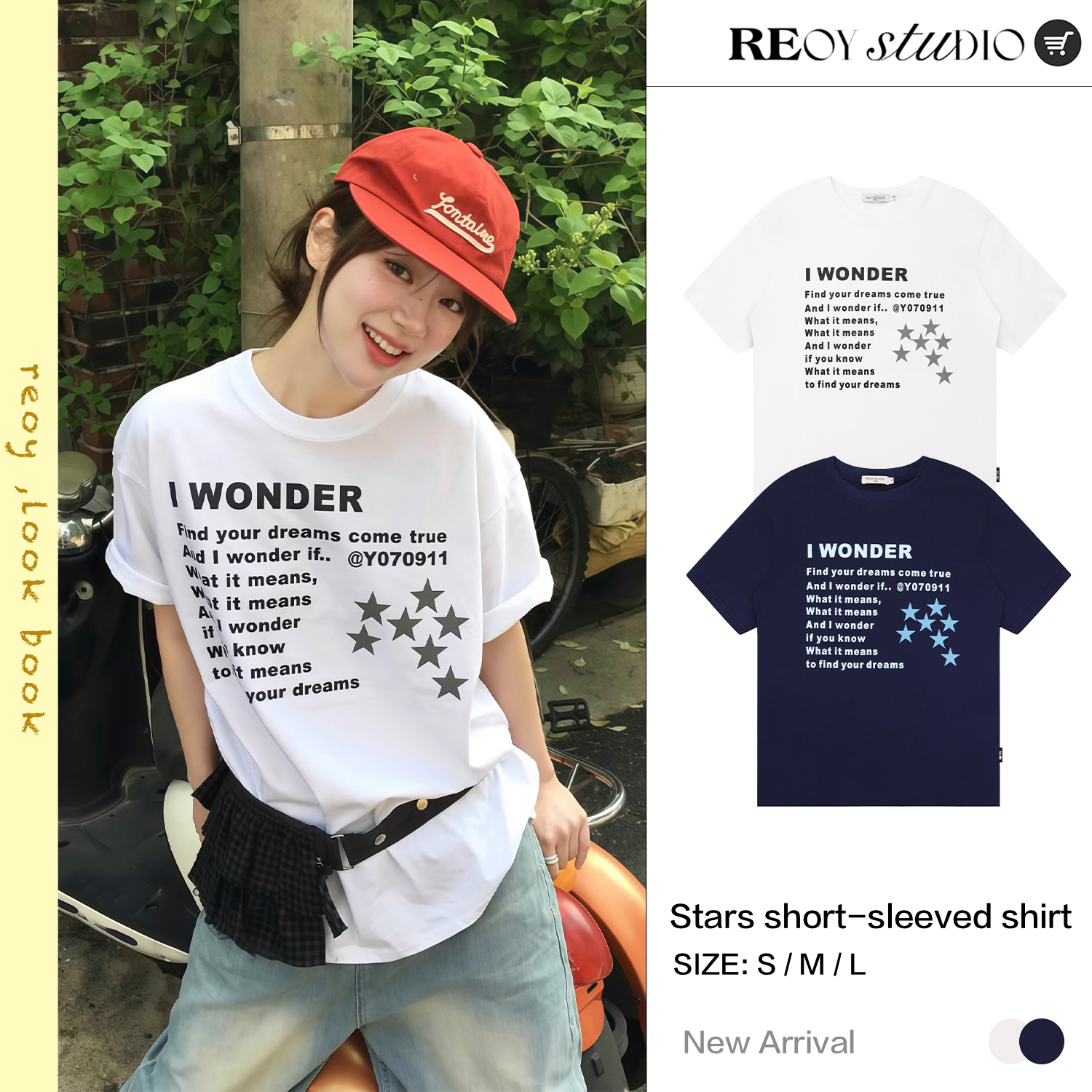 REOY Stu”韩版小众品牌I WONDER字母印花星星图案简约短袖T恤