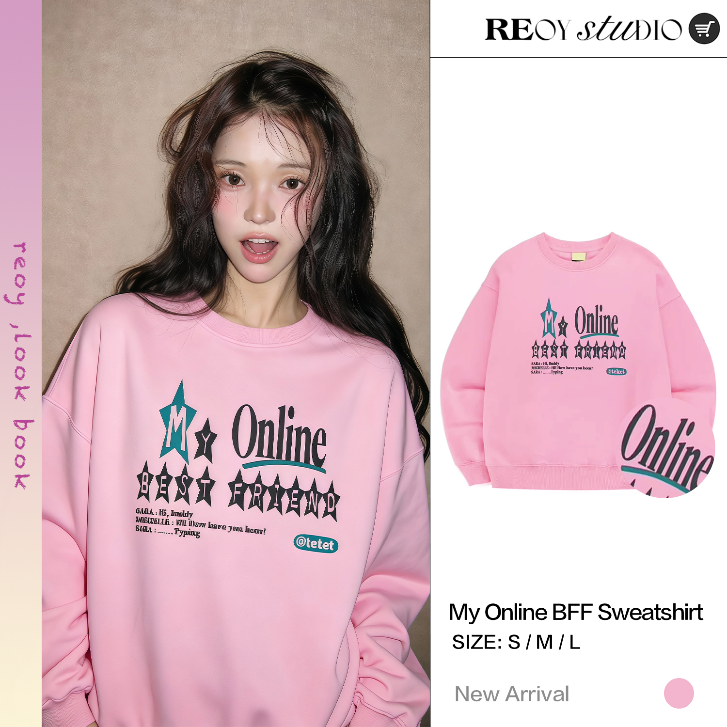 REOY Stu”韩版teket复古美式粉色字母印花薄绒宽松休闲圆领卫衣
