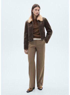 西班牙欧洲正品代购 MANGO 女士 绒面革效果羊毛皮领夹克77057661