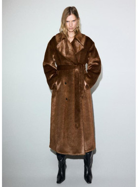 西班牙欧洲正品代购 MANGO 女士 腰带仿皮草效果大衣  17048271