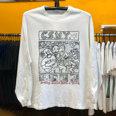 CSNY民谣摇滚超级组合手绘漫画风纯棉T恤 美式vintage纯棉长袖T恤